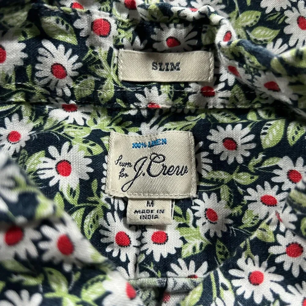 J Crew Adult Shirt Medium Green White Button Down Linen Floral All Over Mens